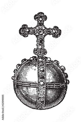 Cross-bearing orb or Imperial orb (globus cruciger) / vintage illustration from Brockhaus Konversations-Lexikon 1908 photo