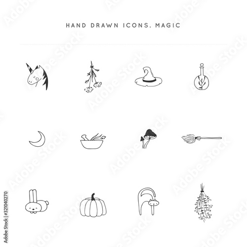 Vector hand drawn logo elements. Set of isolated icons. Magic and fairy tales theme.