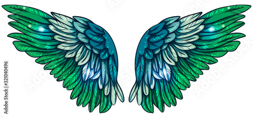 Beautiful magic shiny glittery green blue wings, hand drawn vector
