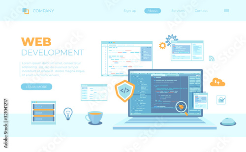 Web Development Programming Coding. laptop with program code on the screen, virtual screens. Bug fixing. Can use for web banner, landing page, web template. Vector illustration