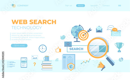Web search technology, Search engine, SEO, Data finding. Search bar with result elements. Can use for web banner, landing page, web template. Vector illustration