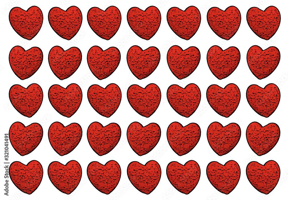Background texture: many red hearts in a row. Lines with hearts on a light background. Background texture: many red hearts in a row. Lines with hearts on a light background.