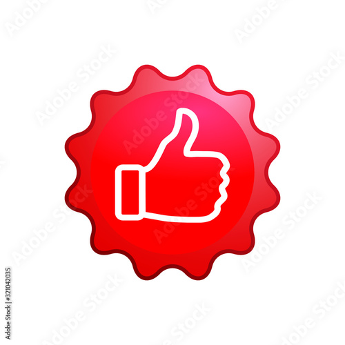 Recommended red round tag banner - . Vector sign with thumb up in circular shape for use in marketing, promotion, advertising, print and web.