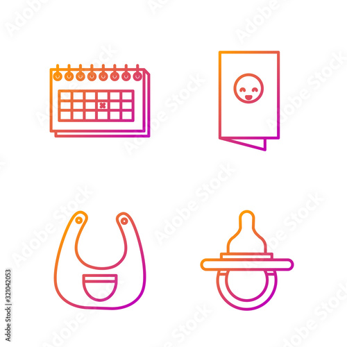 Set line Baby dummy pacifier, Baby bib, Calendar and Baby shower invitations card, poster. Gradient color icons. Vector