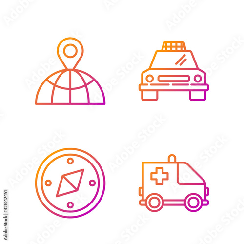 Set line Ambulance and emergency car, Compass, Location on the globe and Taxi car. Gradient color icons. Vector