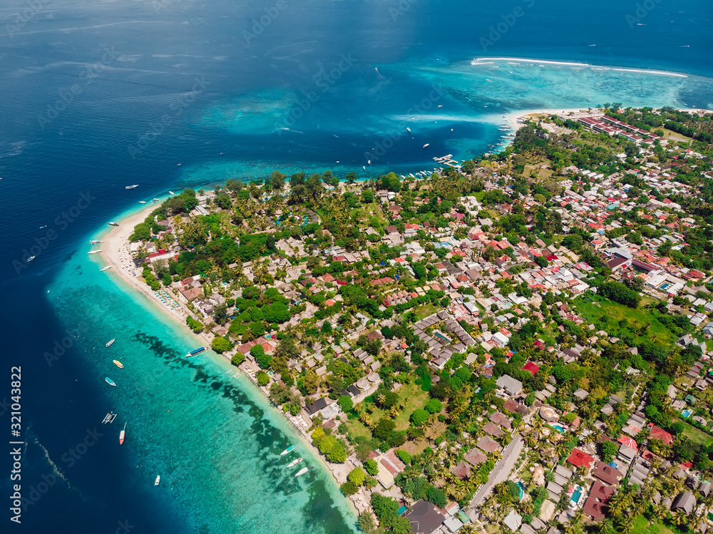 Aerial view with Gili island and sea. Beautiful view of Gili Air.