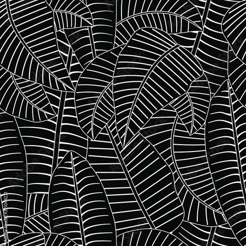 motif floral de feuilles tropicales noires et blanches.