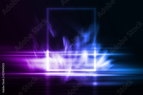 Abstract dark background of empty scene with ultraviolet light. Neon lights in the center of the stage, smoke