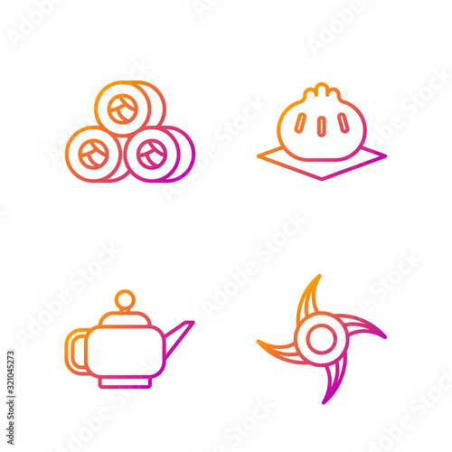 Set line Japanese ninja shuriken, Japanese tea ceremony, Sushi and Khinkali on cutting board. Gradient color icons. Vector