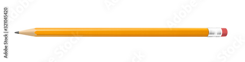 Realistic yellow pencil sharpened with a red rubber. 