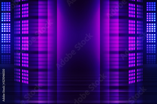 Abstract dark background of empty scene with ultraviolet light.