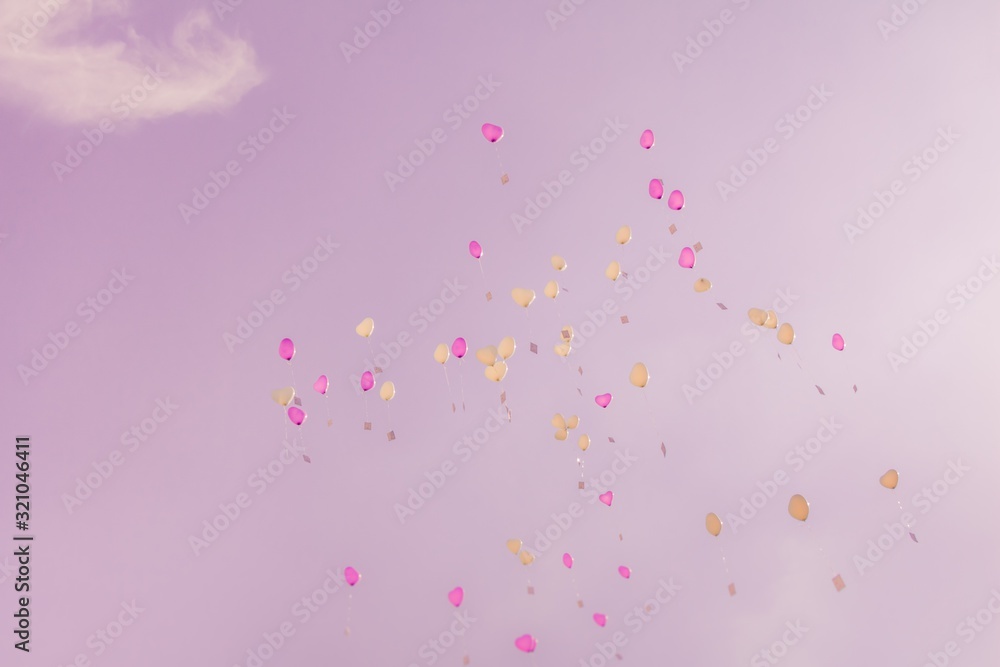 Heart love balloons fly into pink sky with ceremony wishes. Romantic symbol of future partnership. Group of beautiful heart ballons with congratulations cards at wedding party or valentines day Heart love balloons fly into pink sky with ceremony wishes. Romantic symbol of future partnership. Group of beautiful heart ballons with congratulations cards at wedding party or valentines day