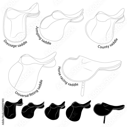 Saddles for riding. Black and white illustration types of saddles. Similarities and differences for study in specialized educational institutes and sports sections. Web icons.