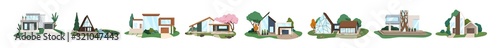 Set of modern private house exterior vector illustration. Collection of colored various style residential building isolated on white background. Bundle of luxury architecture villa, cottage, mansion
