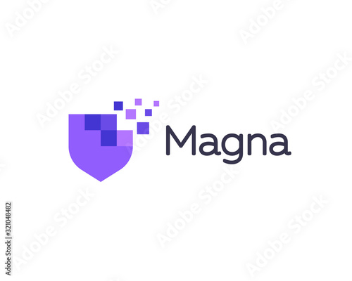 Abstract pixel shield logo icon design modern digital style illustration. Motion pixel flow vector emblem sign symbol mark logotype