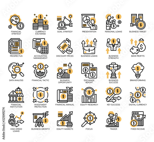 Set of financial strategy thin line and pixel perfect icons for any web and app project.