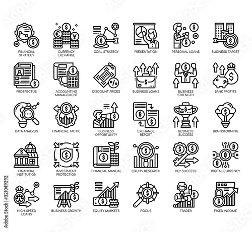 Set of financial strategy thin line and pixel perfect icons for any web and app project.