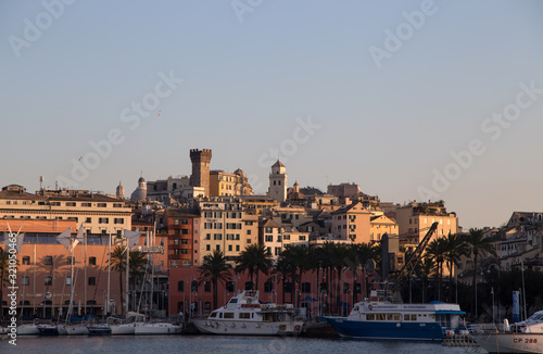 GENOA, ITALY, JANUARY 23, 2020 - View of "Ancient Port" (Porto Antico) area with old city on the background in Genoa, Italy.