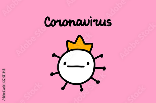 Coronavirus hand drawn vector illustration in cartoon comic style character in yellow crown expressive