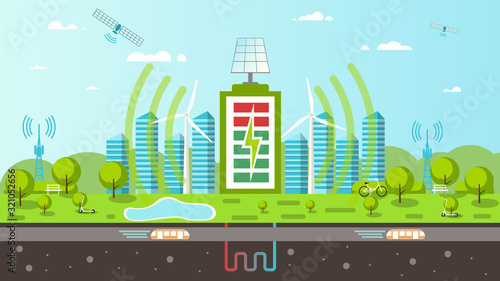 Smart city of the future, with renewable energy sources, wireless charging, satellite internet, connection. Environmentally friendly green eco city. Vector