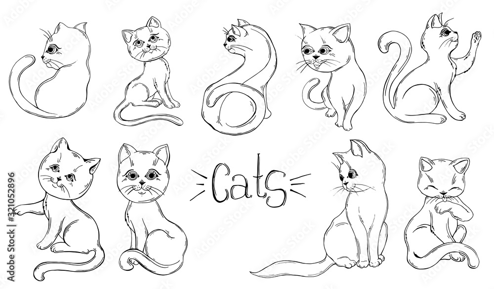 set of graphic black and white cats.