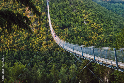 A rope bridge over a deep valley with dense green forests. Geierlay suspension bridge is the second longest in Germany.