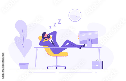 Man fell asleep at the table in the office. Work overtime. Modern vector illustration.