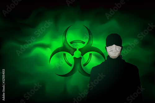 A man in a mask against the background of a biohazard sign and a poisonous dangerous haze. Contaminated green fog. Spreading smoke attack biological weapons. Vector illustration