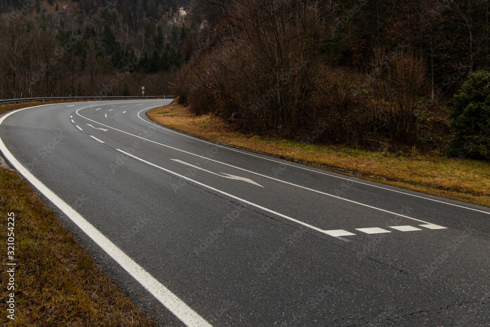 empty asphalt car road white marking lines urban landscaping object curved path way textured surface in country side forest nature surrounding twilight lighting time empty asphalt car road white marking lines urban landscaping object curved path way textured surface in country side forest nature surrounding twilight lighting time