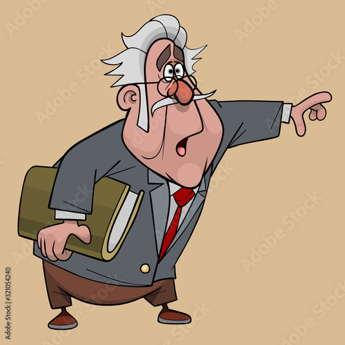 cartoon outraged elderly man in a suit with a book in his hand points to the side