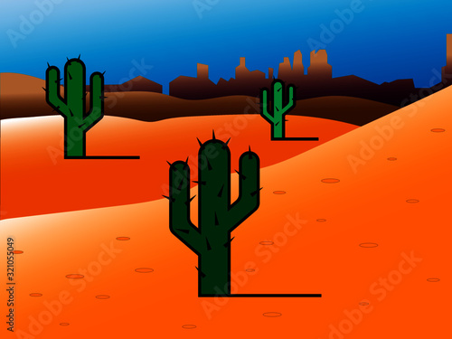 Vector background - desert with dunes and three growing cacti