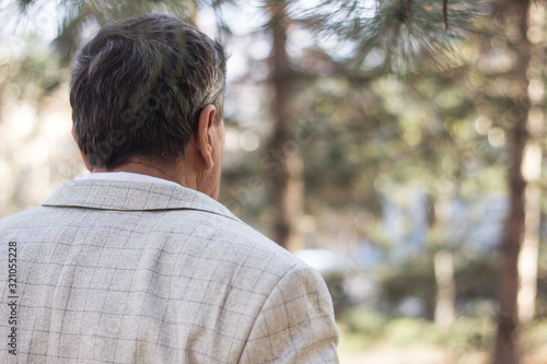 Senior man walking and relaxing in park. Walking away, relaxing, rear view