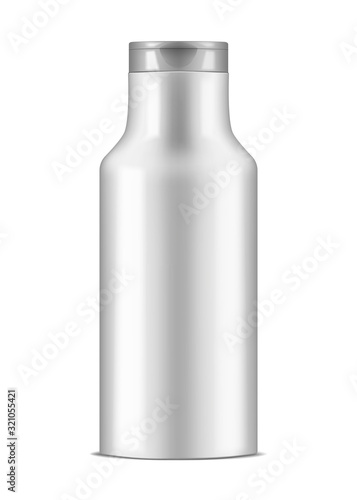 Blank white round cosmetic bottle with flip top cap, realistic mockup. Cylindrical container packaging, vector mock-up