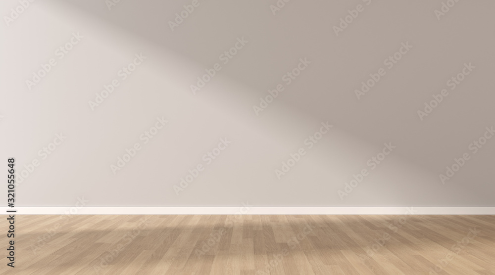Mockup of light grey empty room and wood laminate floor with sun light
