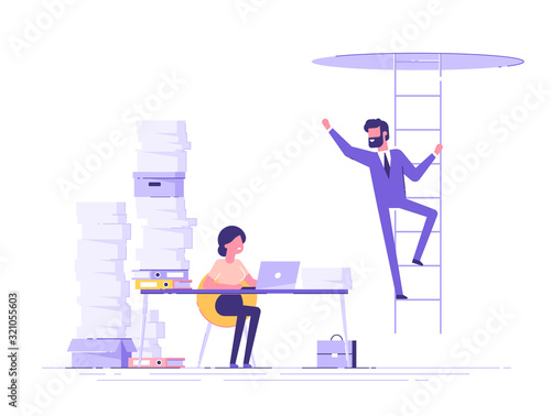 A tired, busy woman is sitting at her desk and looking at her colleague who has been promoted. A successful man is climbing up the stairs. Career development. Envy of colleagues. Vector illustration.