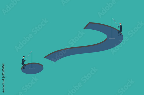 business finance concept. businessman fishing. using problem to hook idea  and question mark. Problem, confusion and challenge . Flat design