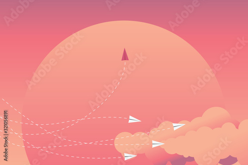 red airplane changing direction and white ones. New idea, change, trend, courage, creative solution,business, innovation and unique way concept