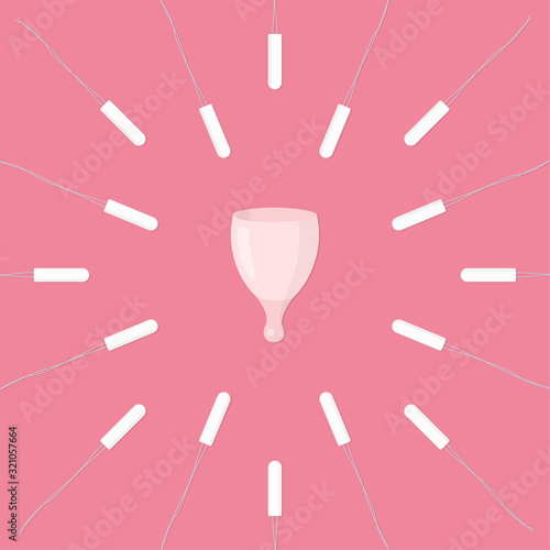 Hygienic women's tampons and menstrual Cup on on pink background. Zero waste concept vector stock illustration.
