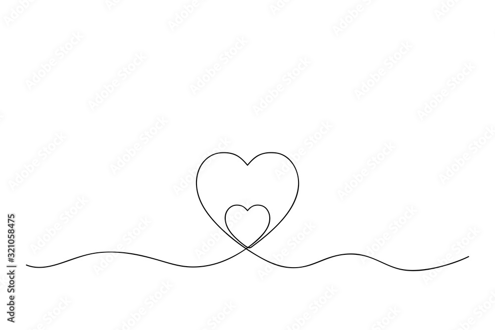 One continuous line illustration of two hearts one inside the second. Concept of love. Vector. One continuous line illustration of two hearts one inside the second. Concept of love. Vector.