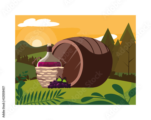 bottle of wine in wicker basket on background landscape