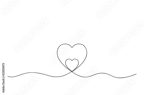 One continuous line illustration of two hearts one inside the second. Concept of love. Vector.