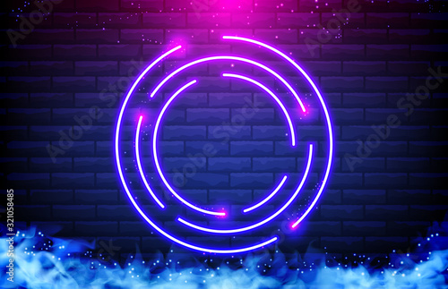abstract background of circle neon frame ,smoke and brick wall