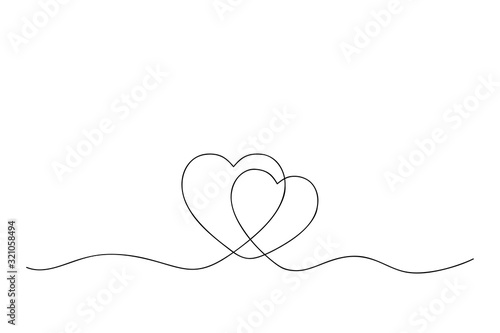 One continuous line illustration of two hearts. Concept of love. Vector.