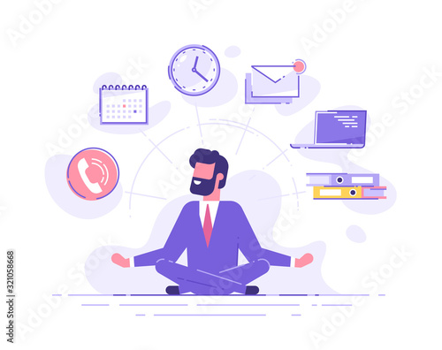 Business man practicing mindfulness meditation with office icons on the background. Multitasking and time management concept. Vector illustration.