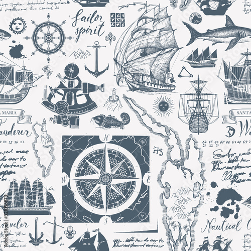 Vector abstract seamless pattern on the theme of travel, adventure, discovery. Vintage background with hand-drawn sailboats, wind roses, anchors, sketches, unreadable notes, inscriptions and ink blots