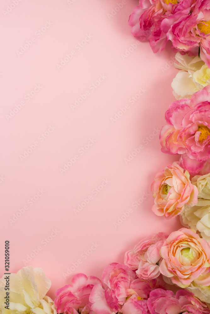 frame of peonies flowers from above on a pink background. place for the test, top view, flat lay. women's day, spring, birthday