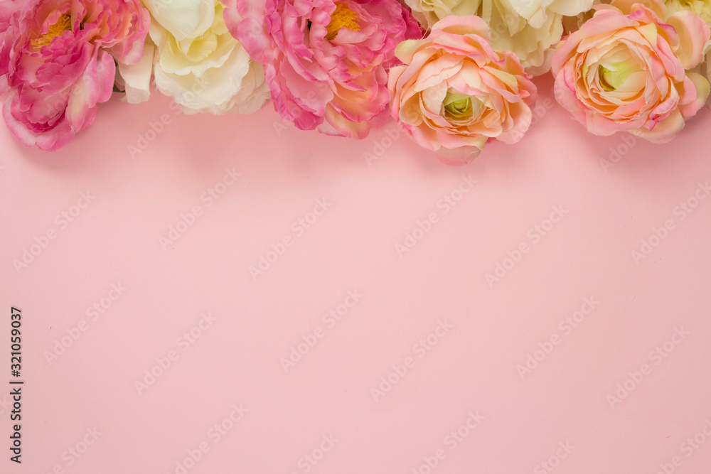 frame of peonies flowers from above on a pink background. place for the test, top view, flat lay. women's day, spring, birthday frame of peonies flowers from above on a pink background. place for the test, top view, flat lay. women's day, spring, birthday