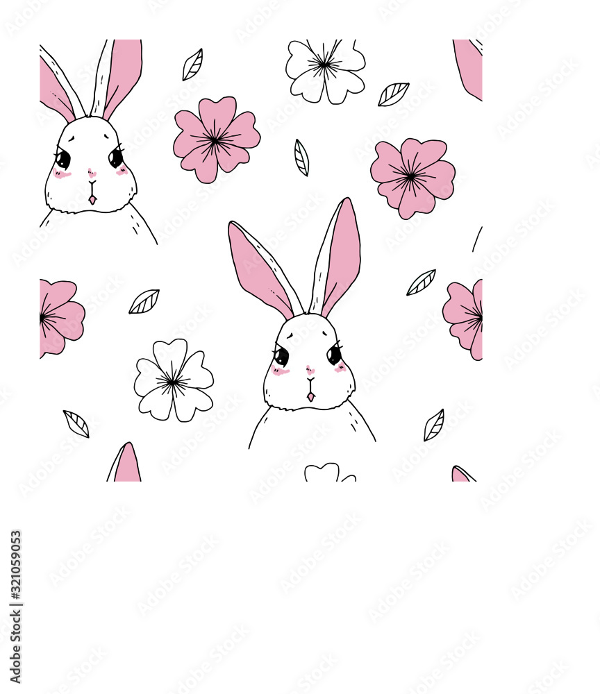 Obraz premium vector seamless pattern with rabbits and flowers