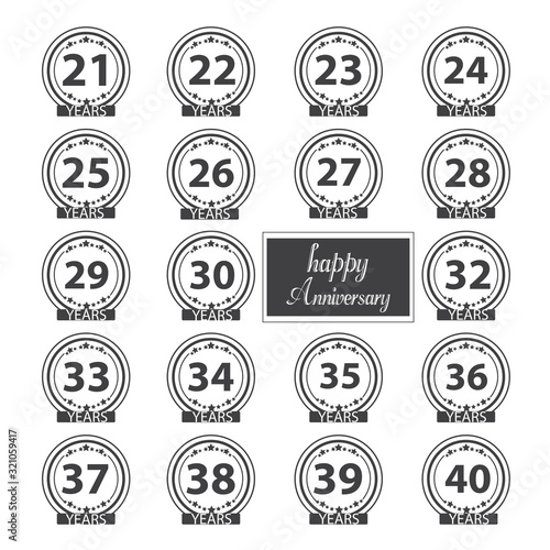 Set of black numbers from 21 to 40 and the word of the year decorated with a circle of stars