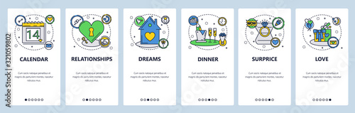 Happy Valentine day icons. Love and romantic dinner, wedding ring. Mobile app onboarding screens. Menu vector banner template for website and mobile development. Web site design illustration